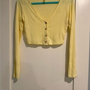 Yellow Ribbed Button-Up Crop Top